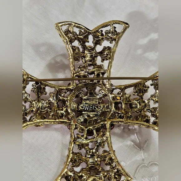 Vintage Weiss Pink Red Rhinestones Maltese Cross Brooch & Clip-on Earrings Set - Picture 7 of 10